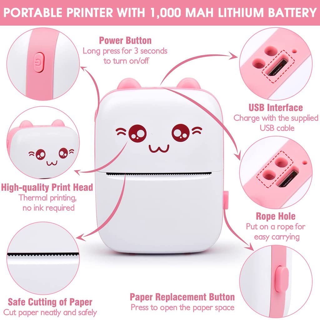 ZORBES Mini Printer, Small Pocket Printer Black and White Printing Bluetooth Thermal Printer Compatible with iOS, Android, Portable Printer with 6 Rolls Printing Paper for Notes, Memos, DIY - Pink ZORBES Mini Printer, Small Pocket Printer Black and White Printing Bluetooth Thermal Printer Compatible with iOS, Android, Portable Printer with 6 Rolls Printing Paper for Notes, Memos, DIY - Pink
